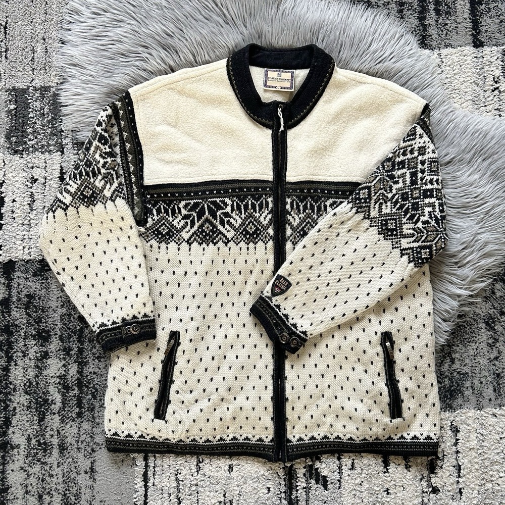 Vintage Dale Of Norway Full Zip Snowflake Sweater Norwegian Black & Cream Size L